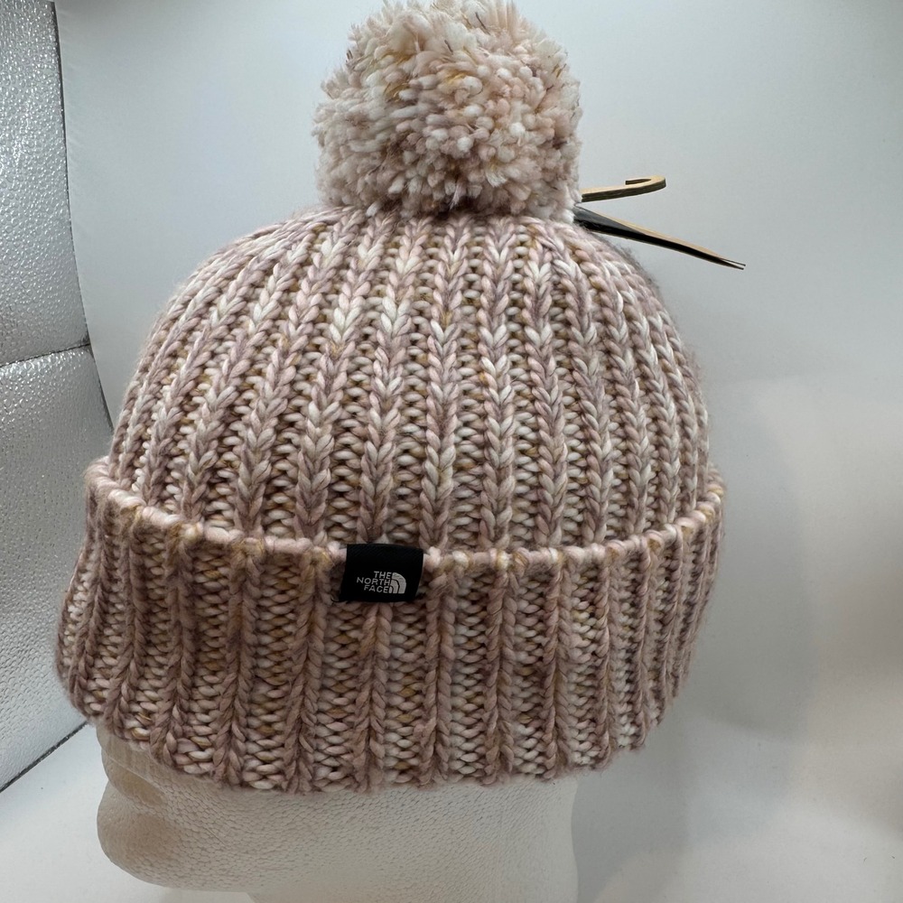 The North Face Kids One Size Beanie Pink Cream Pom Pom Fleece Lined Knit Hat